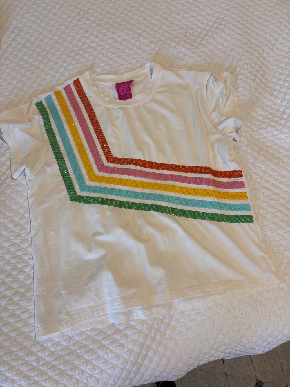 QOS White Tee with Multicolor Stripes